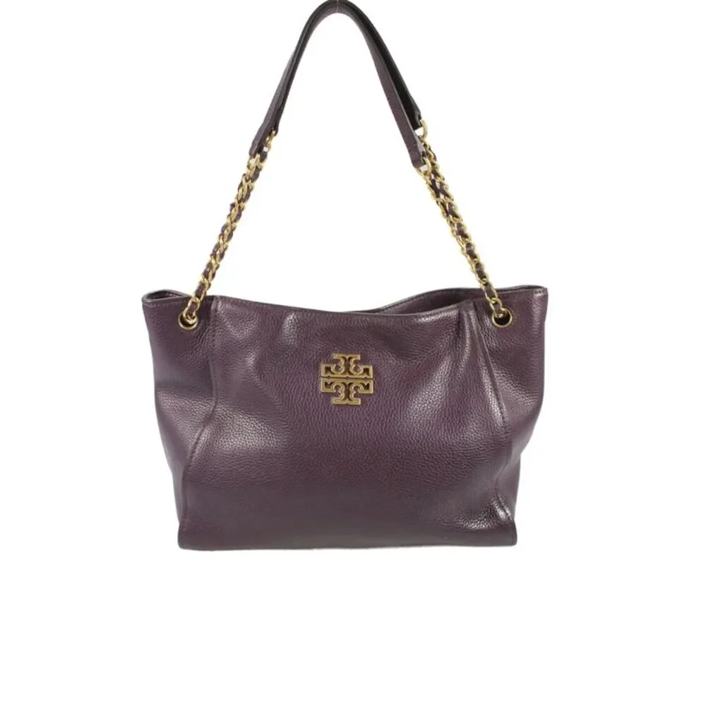 Tory Burch Womens Pebbled Leather Gold Tone Logo Shoulder Handbag Purple